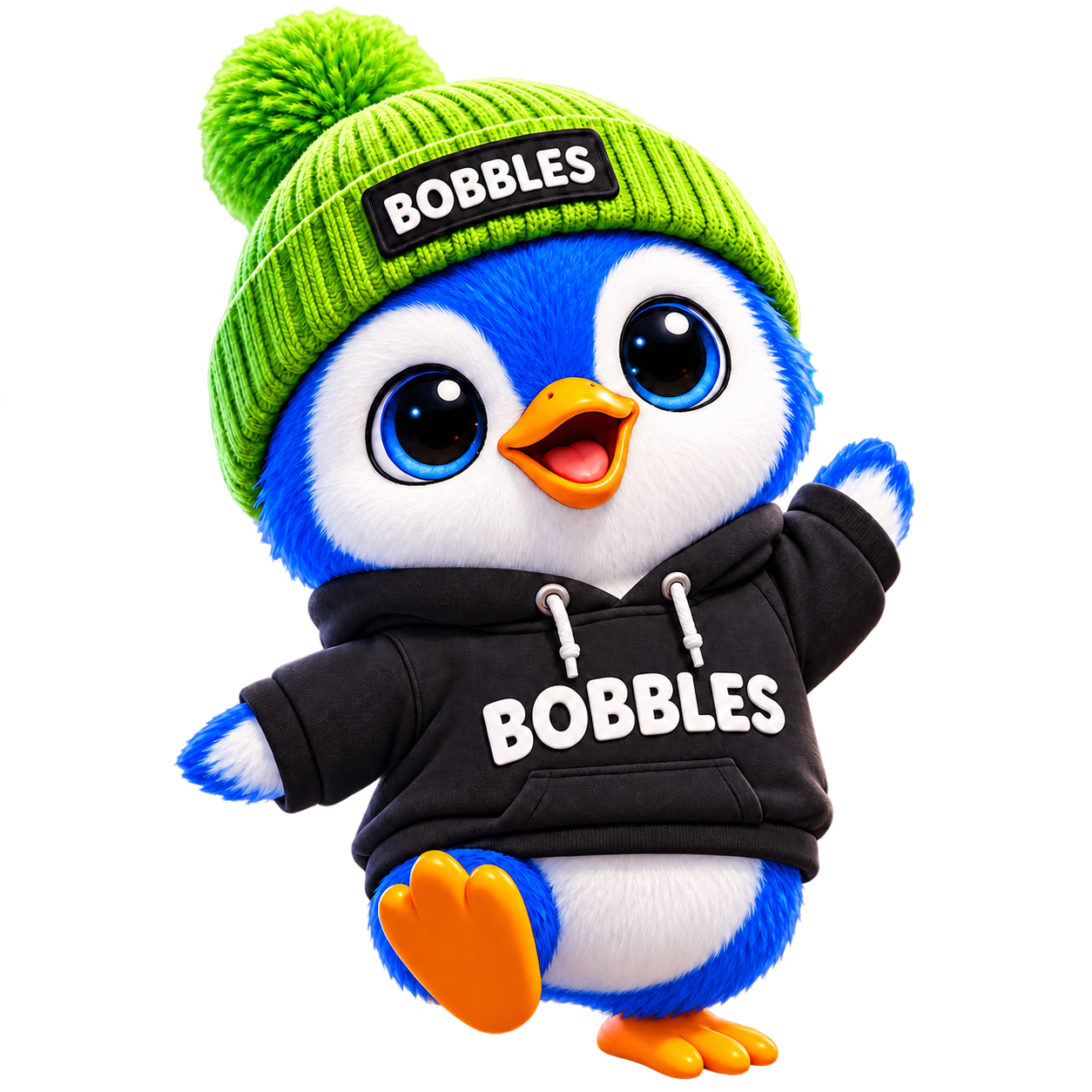 Bobbles, a blue penguin in a lime beanie and black hoodie